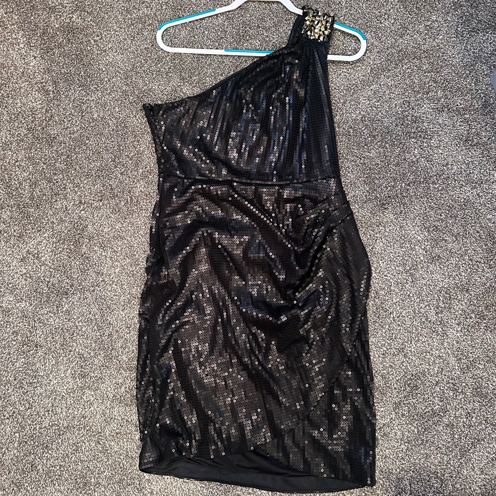 Matte Black Sequin and Gold Hardware One-Shoulder Dress